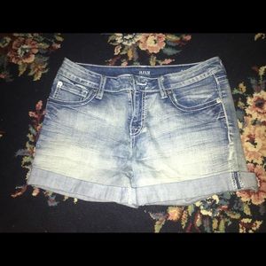 Light wash blue denim shorts